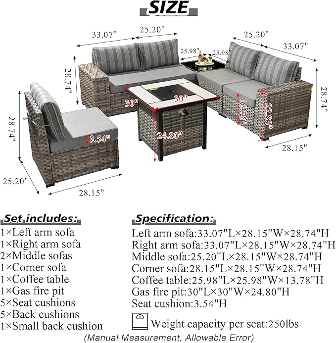 HOOOWOOO Outdoor Patio Sectional Furniture Sofa Set with Propane Gas Fire Pit Table,7 Piece Small Modern Wicker Couch with Widened Armrest,Modular Conversation Seating Set for Out Door(Grey Strips)