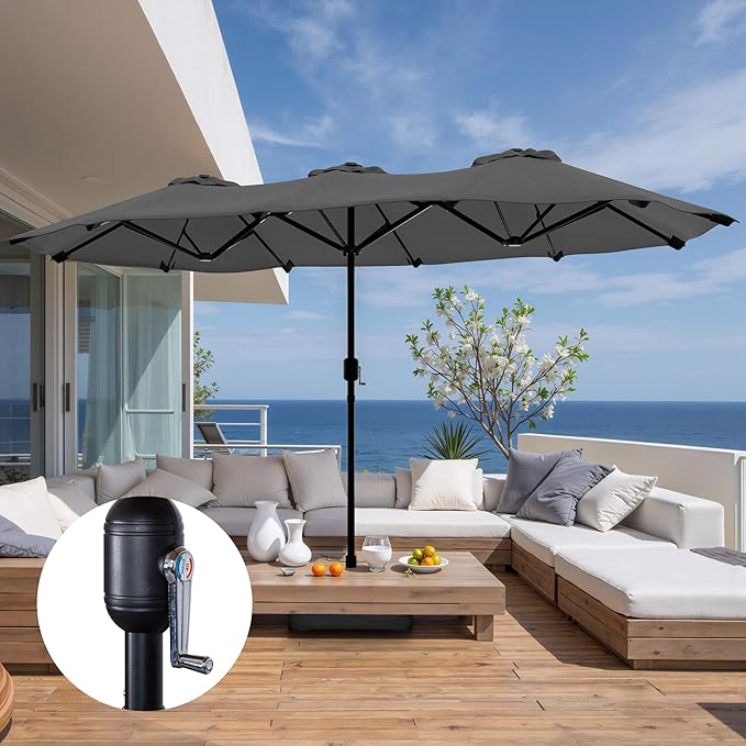 Shintenchi 16FT Large Patio Umbrella with Base Included, Outdoor Double-Sided Rectangular Shade with Crank Handle for Poolside Lawn, Deck & Garden, Gray