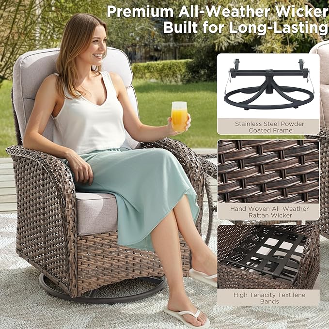 Luxury Wicker Patio Furniture Set with 6-Inch Thick Cushions, 3 Pieces Outdoor Swivel Rocker Patio Chairs Set of 2 with Rattan Side Table, Outdoor Patio Conversation Sets for Garden Deck, Beige