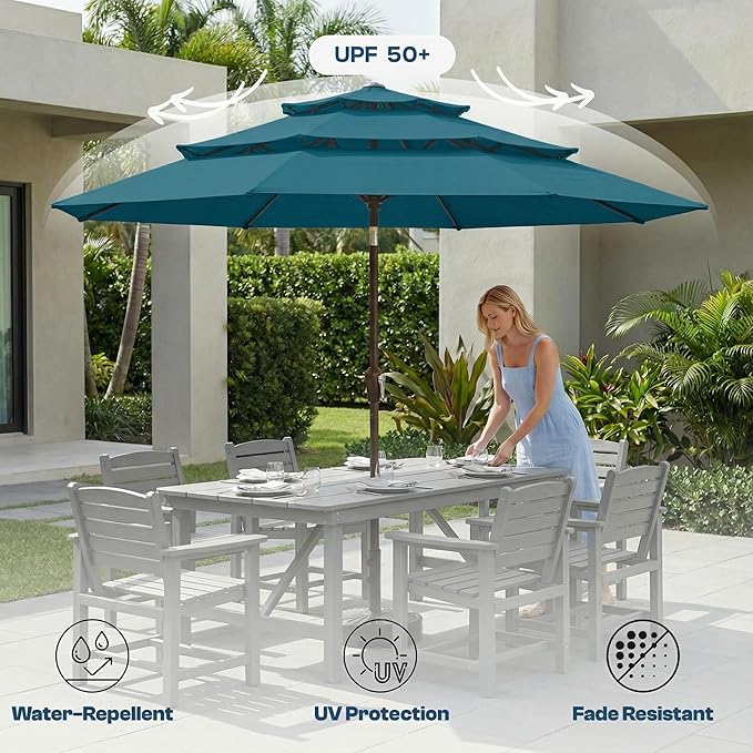 10ft Patio Umbrella, 3 Tier Outdoor Market Table Umbrellas with 8 Fiberglass Ribs and Push Button Tilt, Windproof, Vented Canopy, UV Protection for Deck, Pool, Backyard