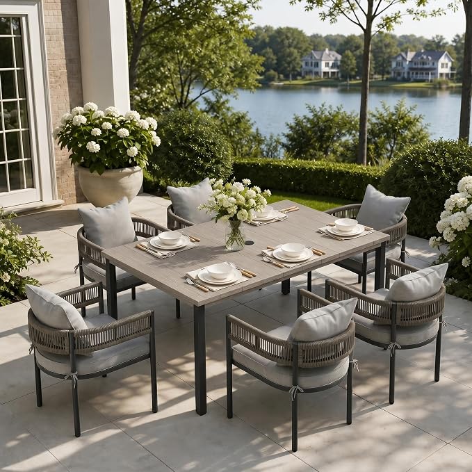 VICLLAX Patio Dining Set, 63" Grey Table & 6 Chairs with Grey Cushion | Outdoor Table and Chairs Set of Rectangular Metal Patio Table, Outdoor Dining Chairs with Metal Frame, Garden Deck Porch