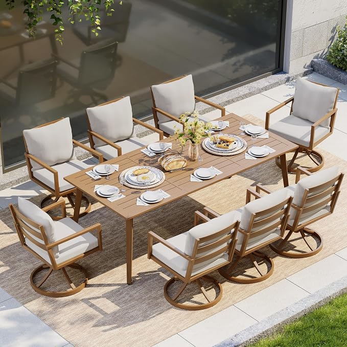 HAPPATIO Outdoor Dining Set, 9-Piece Patio Aluminum Dining Set with Wood-Like Hand-Painted Finish, 8 Swivel Rockers with Waterproof Cushions, Easy Assembly for Backyard, Garden, Porch,Grey Cushion