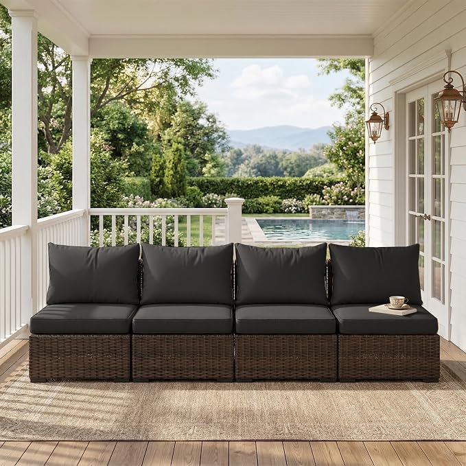 4 Pieces Patio Furniture Set, Outdoor PE Rattan Sectional Sofa with Soft Cushions for Backyard, Porch, and Poolside (Black, 4 PCS)