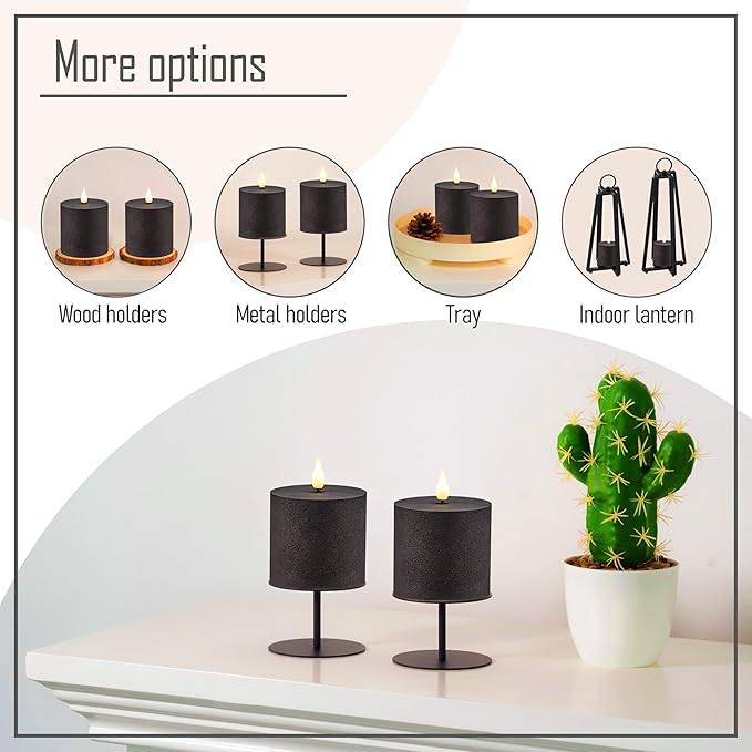 smtyle 3"x3" Black Flameless Flickering Candles with Remote Timer - Battery Operated Plastic Texture Pillar LED Candles Set of 2 for Gothic Home Decorations