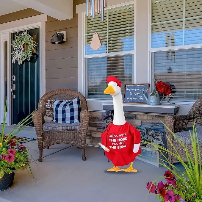 CAMDUCK Funny Porch Goose Outfit for 23 Inch Goose Statue, Mess with The Honk You Get The Bonk Goose Clothes, Decorative Lawn Geese Costume Clothing for Outdoor Decor (Red)