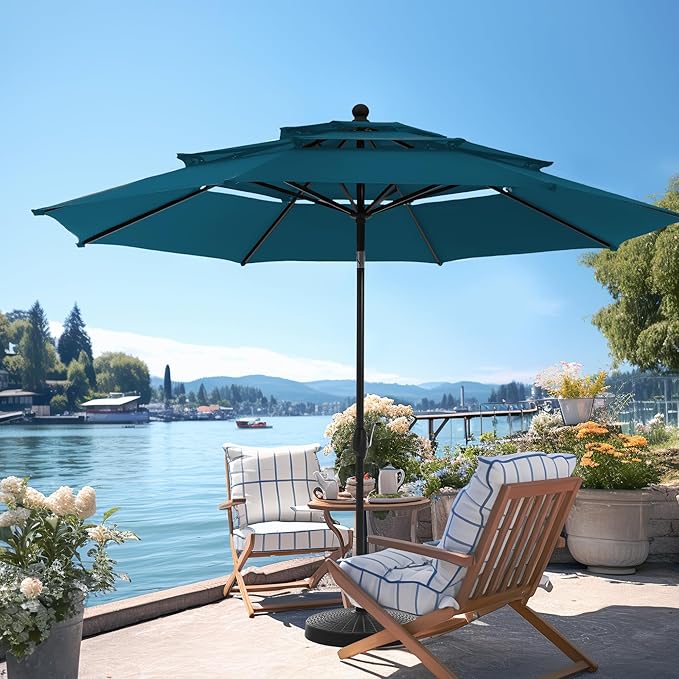 PHI VILLA 10ft Outdoor Patio Umbrellas for Outside, 3 Tier Vented Market Table Umbrella Windproof for Backyard, Deck, Garden, 1.5" Pole, Cyan（No Base）