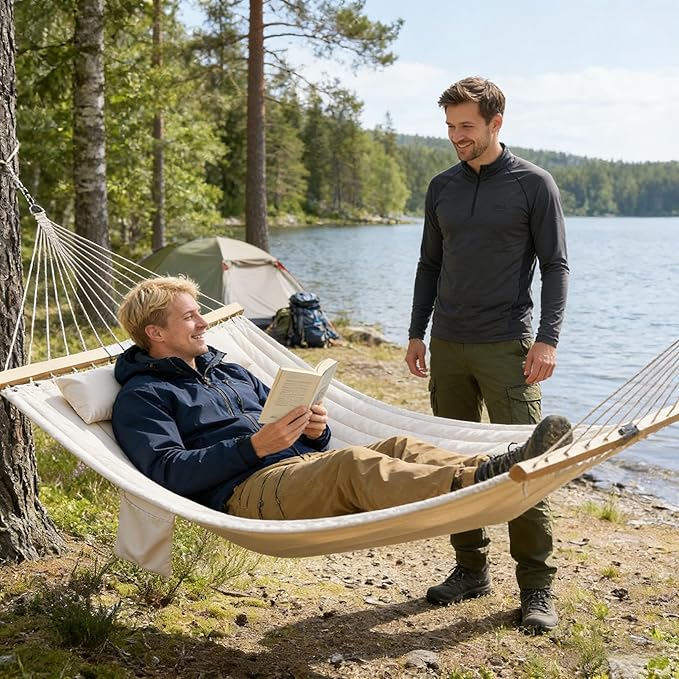 2-Person Tree Hammock Outdoor, Portable Double Hammock Without Stand, Detachable Headrest Magazine Pocket, 450 lbs Capacity, Camping Patio Backyard Indoor Outdoor Hammock Bed (Cream White)