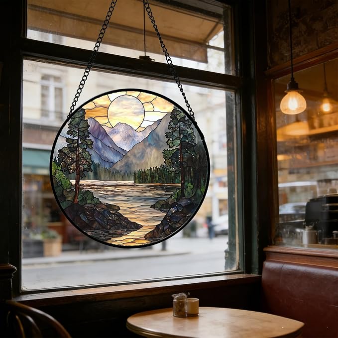 Stained Glass Window Hanging, Sunset Mountains Lake Tree Sun Catcher for Window Home Decor Landscape Suncatcher Mother's Day Birthday Gifts for Women Men Mom and Nana 15 in