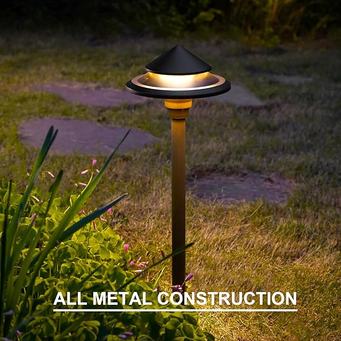 GOODSMANN Low Voltage Landscape Lighting 8PK LED Path Lights Oil Rubbed Bronze 4W 32 Lumen Hardwired 2 Tier Pagoda Landscape Pathway Lights 3000K Warm White Metal Stakes Cable Connectors