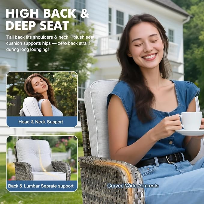 Weaxty Wicker Patio Furniture Set with Swivel Rocker Chairs Outdoor Loveseat Sofa and Rattan Coffee Table, 5 Pieces Outdoor Conversation Sets for Patio Porch Deck Backyard Poolside, Light Gray