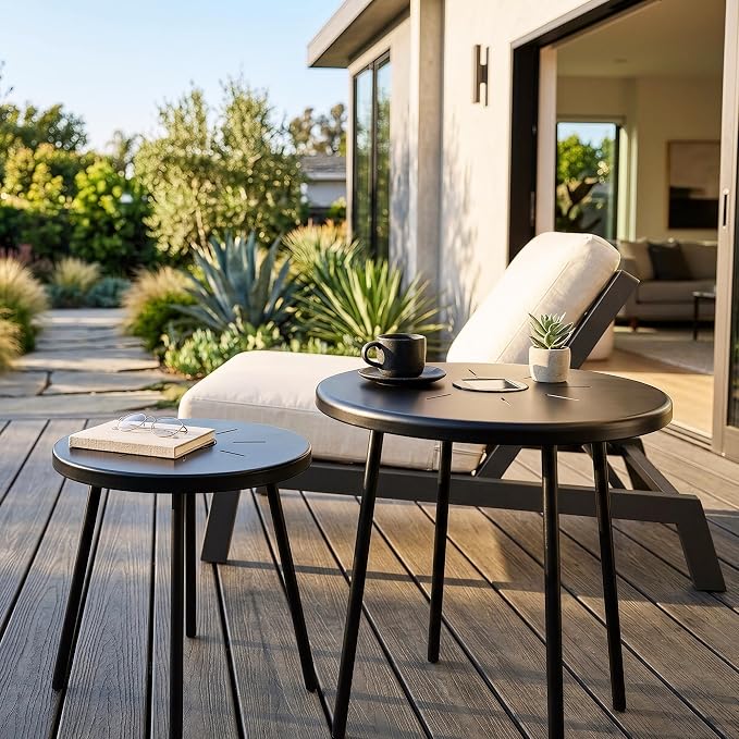 Solar Outdoor Side Table with Light Set of 2, Modern Round Patio Side Tables for Outside, Metal Outdoor End Accent Table for Living Room, Patio, Poolside, Backyard, Garden, Black