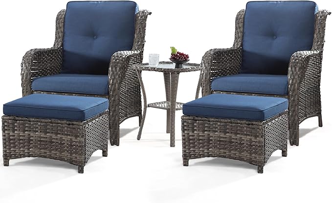 5 Pieces Outdoor Wicker Chair Set - Wicker Patio Furniture Set with 2 Chairs, 2 Ottomans and 1 Side Table for Backyard, Porch, Balcony(Mixed Grey/Blue)