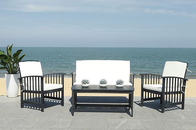 SAFAVIEH Outdoor Collection Rocklin Black/ White Cushions 4-Piece Conversation Patio Set