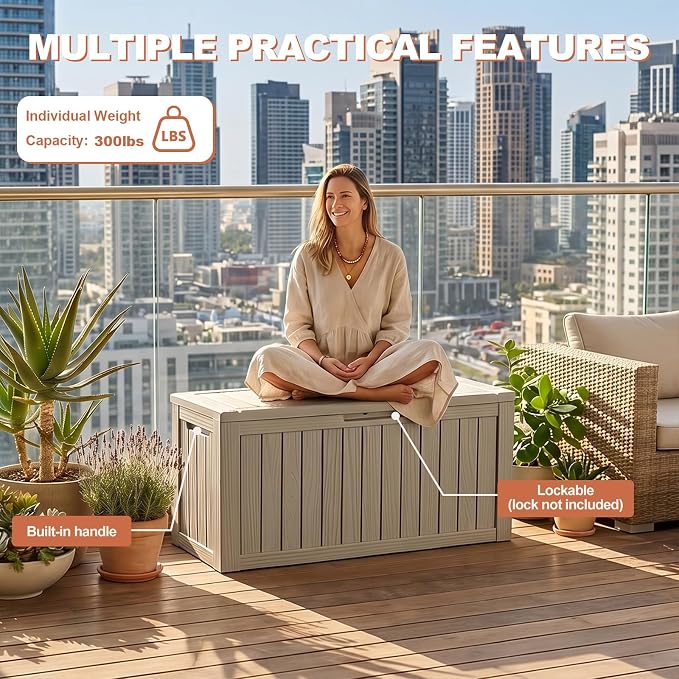 EFU Outdoor Storage Box 140 Gallon Deck Box (Indoor & Outdoor) Lockable UV Resistance Waterproof Resin Storage Bin Storage Box for Outdoor,Patio Storage With Support Rod(Taupe)