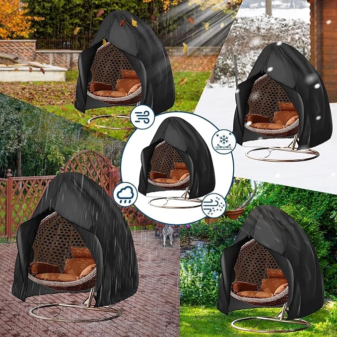 Double Egg Chair Cover Waterproof Patio Hanging Extra Large Zipper Heavy Duty Swing Outdoor Wicker Furniture Person Egg Chair Covers Windproof Anti-UV Dustproof 91x80 Inch Black