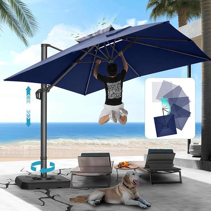 HOTEEL10x10ft Patio Umbrella Cantilever Umbrellas Double Top - Upgrade and Intensify - 360 Rotation and 5 Angles Adjustment - Aluminum Offset Pool Umbrella Outdoor Umbrellas for Patio Garden Pool