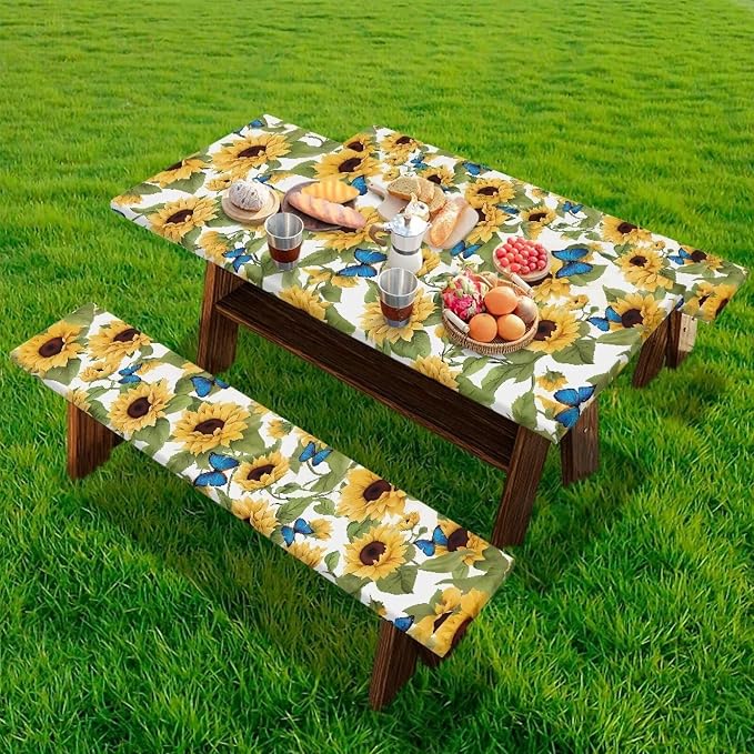 Sunflower Picnic Table Cover with Bench Covers Autumn Outdoor Camping Tablecloth Water and Oil Repellent Elastic Waterproof Picnic Table Cover 3 Piece Set for 6 Foot Tables