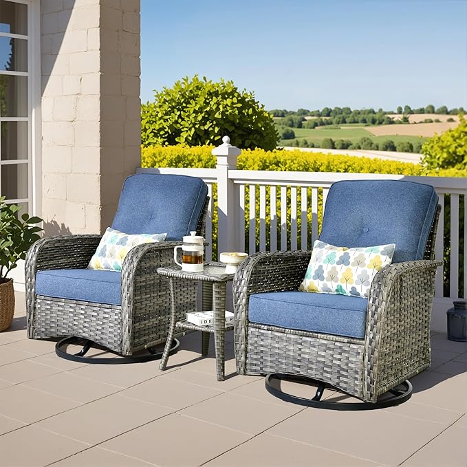 3 Pieces Patio Furniture Set, Outdoor Swivel Rocker Patio Chairs with Coffee Table, All Weather Thickened Cushion Patio Conversation Set for Porch Balcony Deck Poolside Garden Sunroom, Denim Blue
