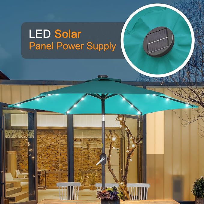 7.5ft Outdoor Umbrella Patio Umbrella with Solar Lights,18 LED Lighted Table Market Outdoor Umbrella, 2-Year-Non-Fading, for Pool, Deck, Garden,Backyard