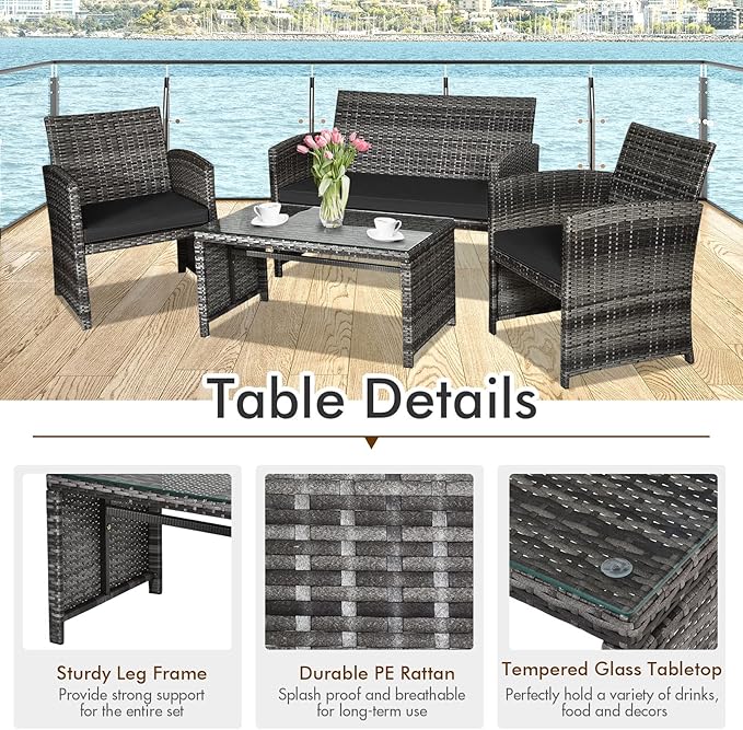 Giantex 4 Pc Patio Conversation Set, Rattan Loveseat & Patio Chairs with Cushioned Seat, Wicker Coffee Table, Outdoor Furniture Set for Front Porch Poolside Garden Lawn