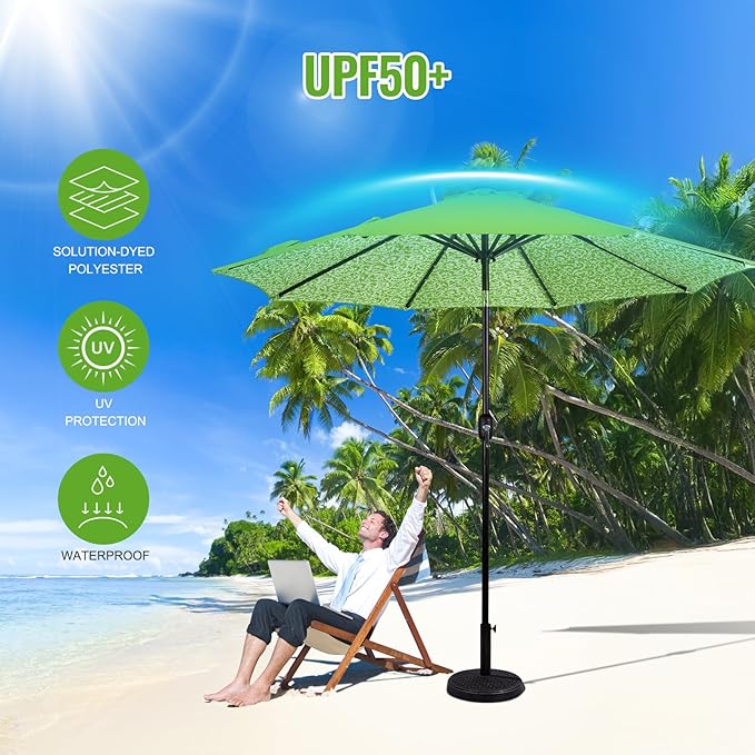 Backyard Expressions 9FT Solar Patio Umbrella with 32 LED Lights, UPF50+ UV Protection, Fade-Resistant Fabric, Easy Tilt & Crank, Outdoor Umbrella for Patio, Deck & Pool (Base Not Included)