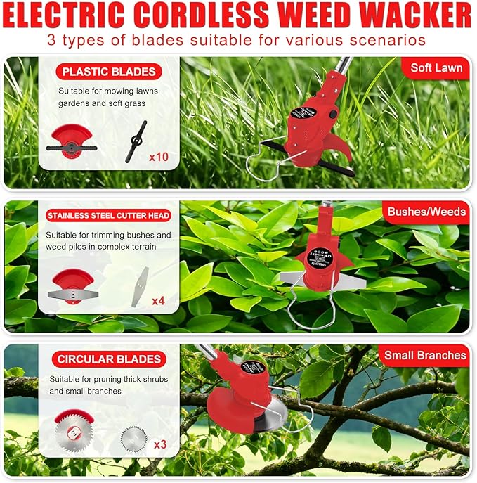 Electric Weed Wacker 21V Brush Cutters Battery Powered 3 in 1 Lightweight Weed Wacker Eater with Blade Adjustable Pole Cordless Grass Trimmer with 2 * 2.0Ah Batteries and Charger for Garden Yard Red