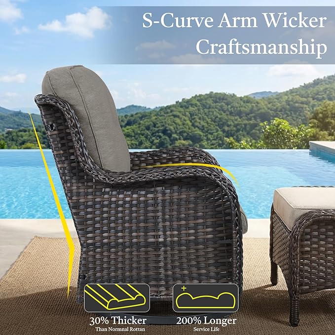 Outdoor Patio Furniture Set-5 Piece Outdoor Swivel Rocker Chairs with Ottomans Patio Furniture Set for Deck Balcony Poolside Backyard-Brown/Grey