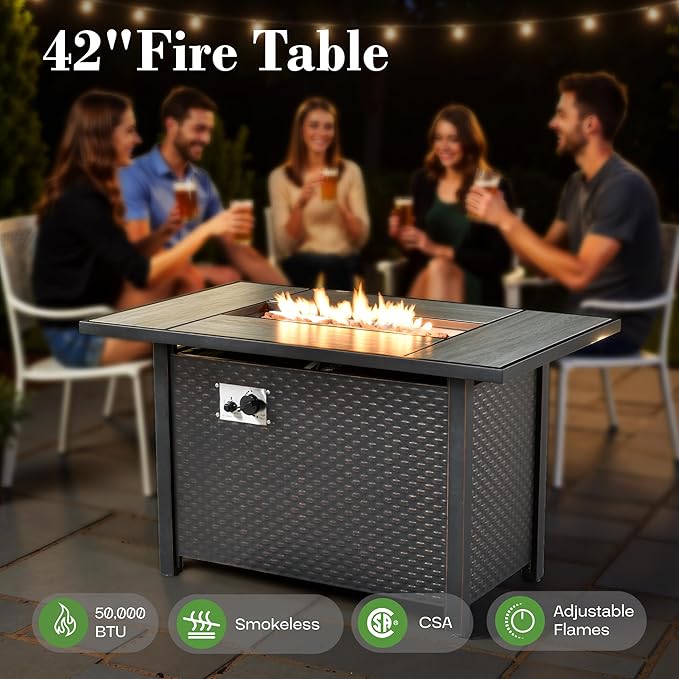 9 Pcs Patio Furniture with Fire Pit Table, Outdoor Rattan Wicker Conversation Set with Glowing Coffee Table, Comfy Sectional Sofa for Porch Balcony Backyard Pool, Light Grey