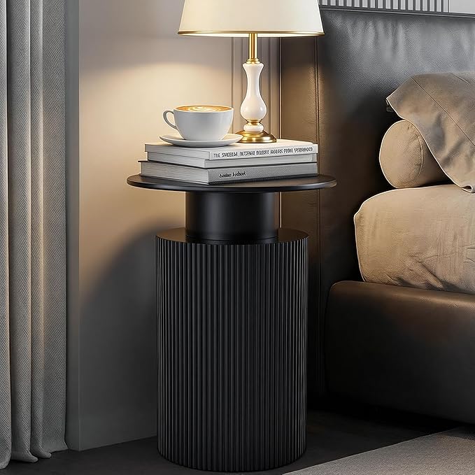 Round Side Table, 24" Fluted End Table with Storage, Mid Century Nightstand Modern Wood Bedside Accent Table, Farmhouse Circle End Tables for Home, Small Spaces, Bedroom, Living Room (Black) | Fluted End Table, Hidden Storage, Detachable Tray, Mid Cent...