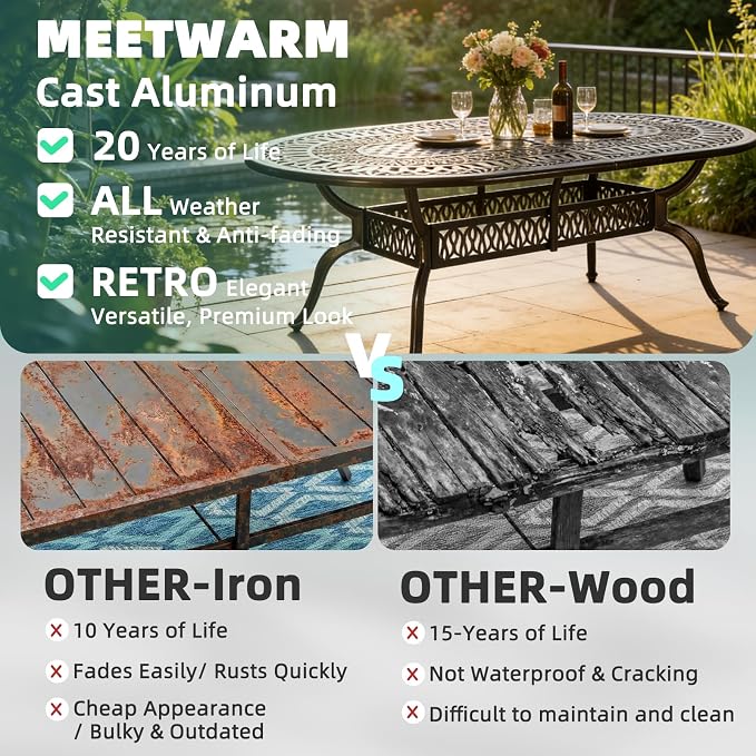 MEETWARM 84"x44" Cast Aluminum Patio Dining Table, Weather-Resistant Large Outdoor Dining Table for 8 Person, Patio Furniture Oval Table with Umbrella Hole and Adjustable Foot Pads, Dark Bronze