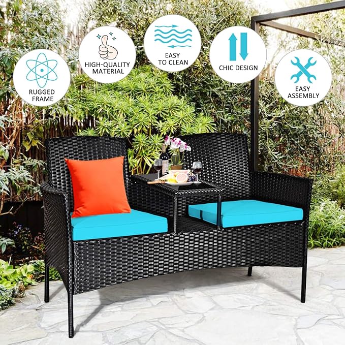 Tangkula Wicker Patio Conversation Furniture Set, Outdoor Furniture Set with Removable Cushions & Table, Tempered Glass Top, Modern Rattan Bench for Garden Lawn Backyard