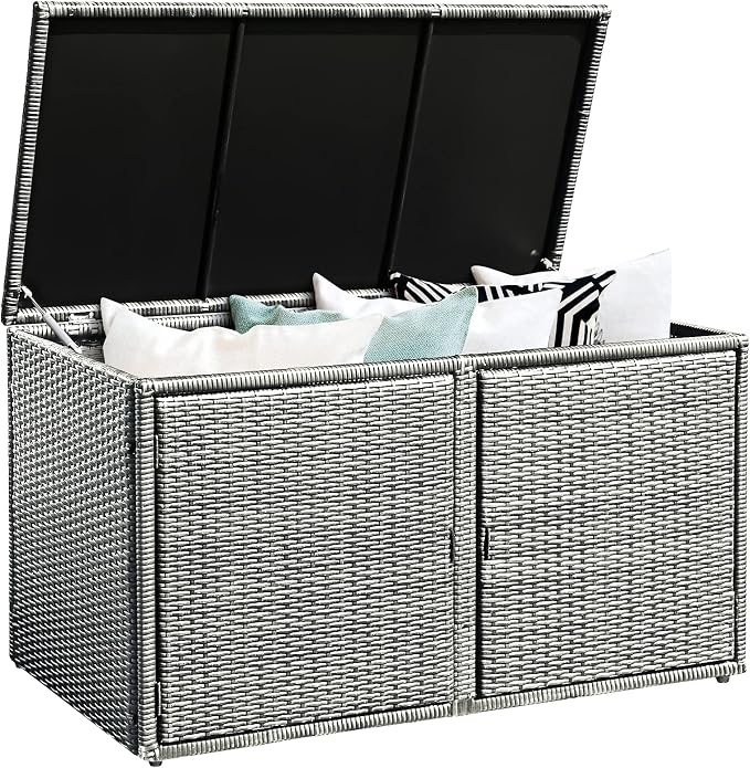 DORTALA 88 Gallon Deck Box Organizer, Wicker Large Indoor Outdoor Storage Container Cabinet for Patio Furniture Cushions Garden Tools, Gray