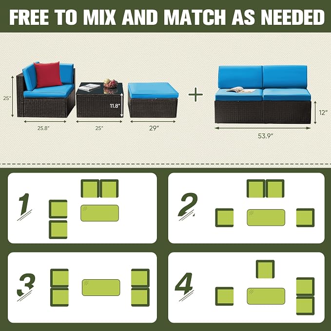 Greesum 2 Piece Patio Conversation Set Wicker Rattan Furniture Outdoor Sofa with Cushions,Pillows for Porch,Lawn and Yard, Blue