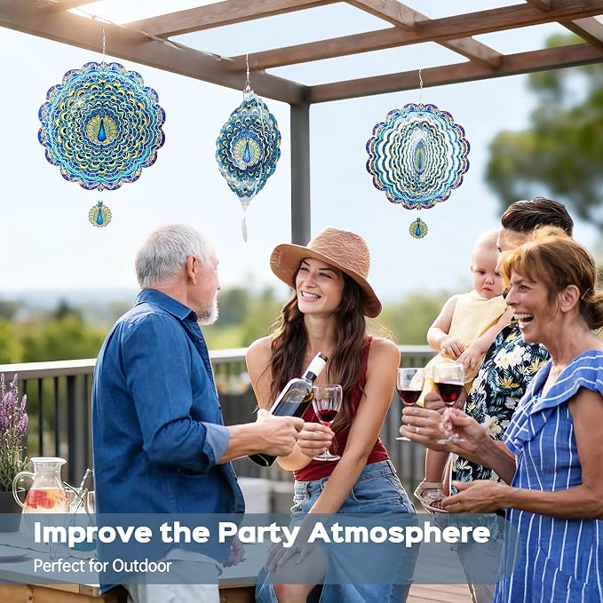 Peacock Wind Spinners Outdoor, 3D Stainless Steel Metal Wind Spinners, 12 Inch Laser Cut Kinetic Hanging Sculpture, Yard Art, Garden Decor, Peacock Gifts for Women, Men, Mom, Grandma