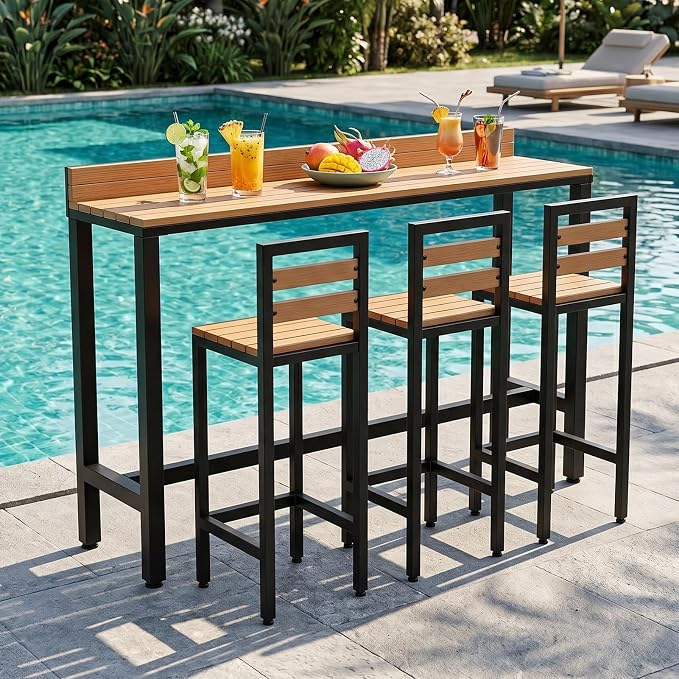 Outdoor Patio Bar Height Table with Baffle, Weather Resistant High Counter Table Porch Pub Tables Wood-Plastic Tabletop, for Poolside Garden Balcony Restaurant Cafe(Black,55.1"x15.7"x40.5")