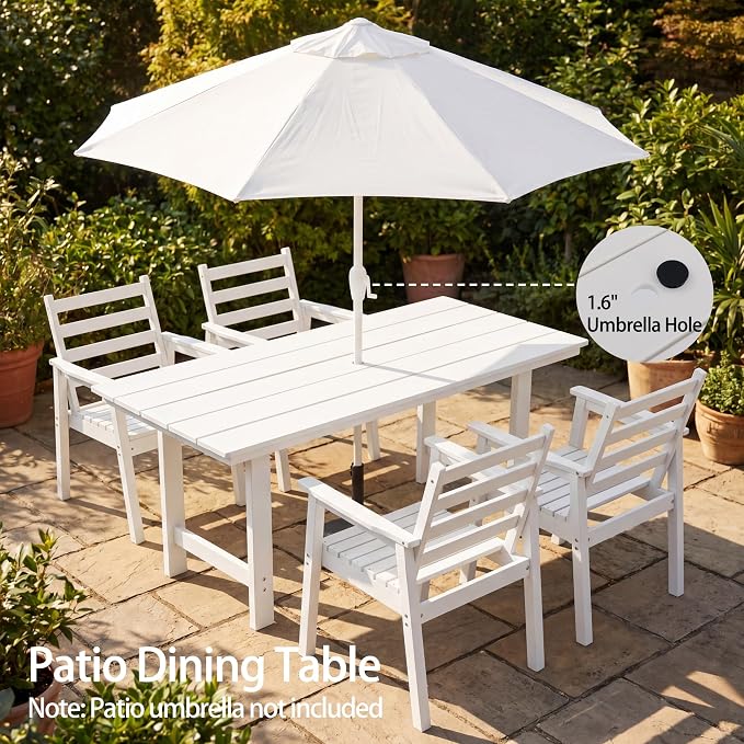 10-Piece Outdoor Dining Set, All-Weather HDPE Patio Furniture, Two 66.5" Slatted Table with 1.6" Umbrella Hole & 8 Ergonomic Armchairs, Heavy Duty 350lbs Capacity, UV Resistant, White