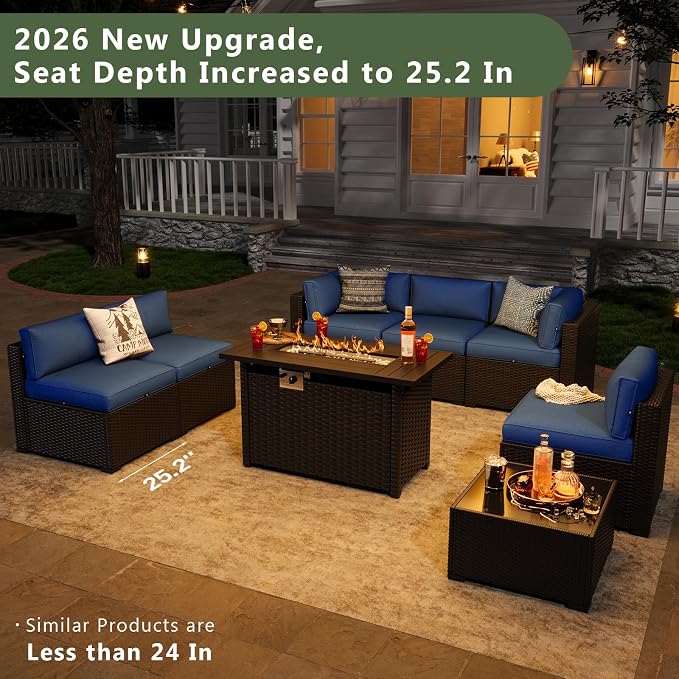 Aoxun 8 Piece Patio Furniture Set with 44” Fire Pit Table, Wicker Patio Sectional Sofa, Outdoor Furniture Set with Thickened Cushion, Blue
