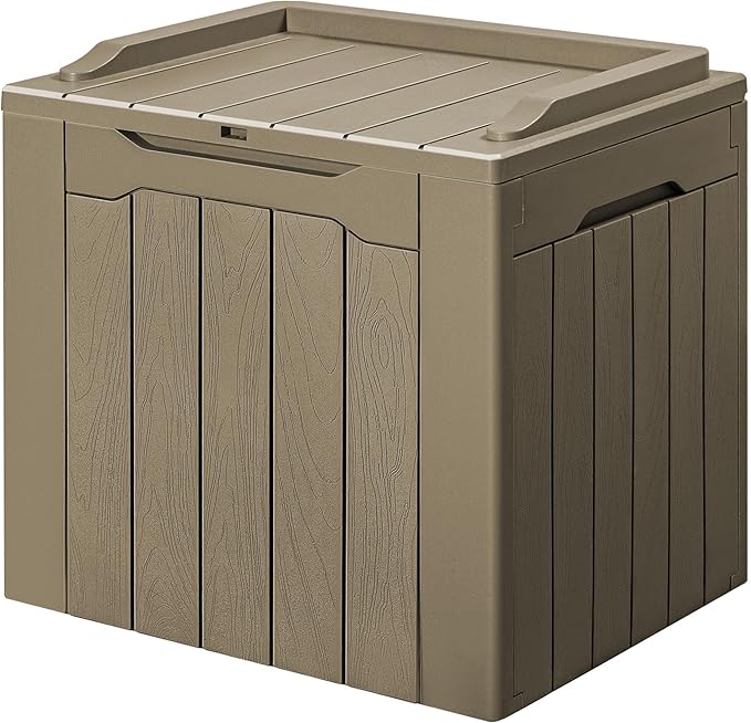 GUNJI 30 Gallon Small Deck Box Outdoor Waterproof Resin Storage Box Lockable Storage Container Outside Package Delivery Box (Beige)