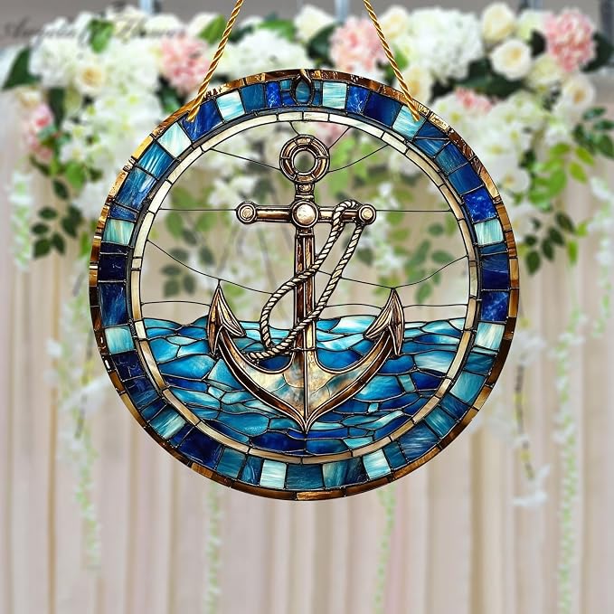 8x8 inch Charming Nautical Anchor Acrylic Stained Glass Window Hanging Sun Catcher Decor Stained Panel Hangings Wall Art Decor, for Friends and Family (Nautical)