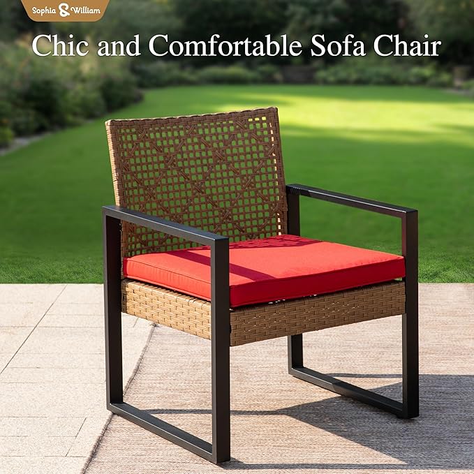 Sophia & William 4 Pieces Patio Conversation Set, Wicker Outdoor Furniture Set for 4, All Weather Outdoor Seating Set, Rattan Loveseat & Chairs with Cushions & Coffee Table，Brown and Red
