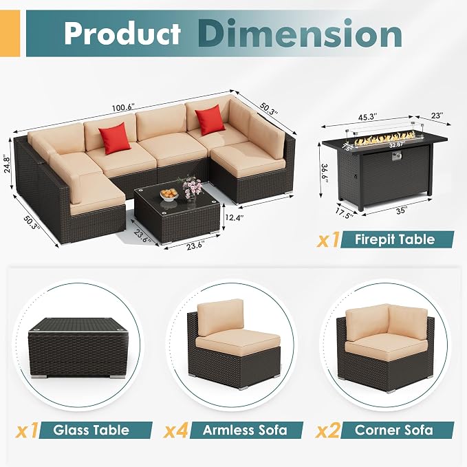 Betterland 7 Piece Outdoor Sectional Sofa Patio Furniture Set, All-Weather PE Rattan Wicker Patio Conversation Set with Washable Cushion, Glass Table and Waterproof Cover(Beige)