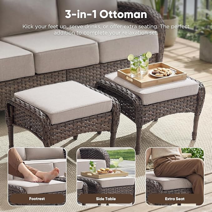HUMMUH Outdoor Swivel Rocker Patio Chairs with Ottomans,Luxury 6-inch Thick Cushion High Back Patio Furniture Set,5PCS Wicker Conversation Set for Deck Yard and Poolside