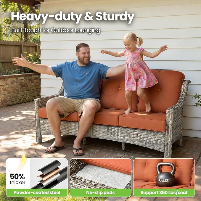 6 Piece Patio Furniture Set with Fire Pit Table, Outdoor Wicker High Back Sofa Chairs Ottoman with Comfy Cushions, Modern Conversation Sets for Backyard Deck Garden Poolside, Bold Orange