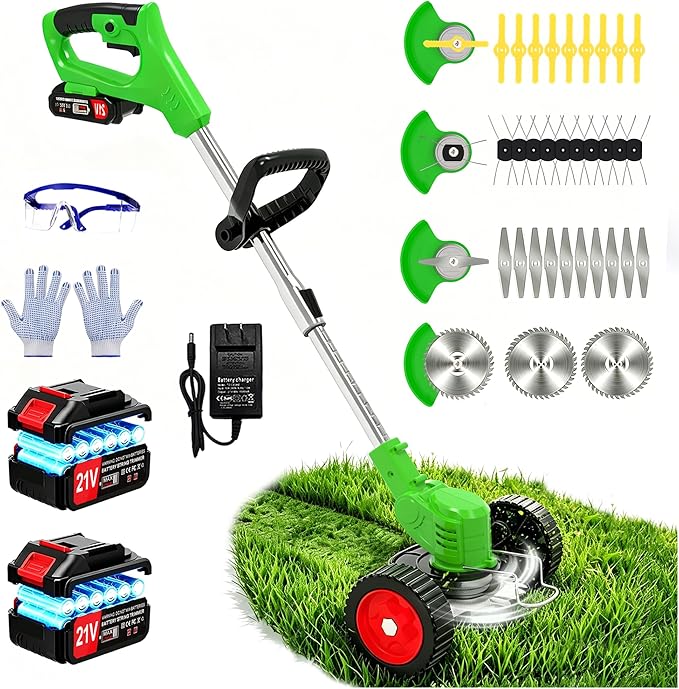 Cordless Weed Wacker Electric Eater Battery Powered 21V x 2 Battery Operated Stringless Weed Trimmer 3-in-1 Grass Trimmer/Lawn Edger/Brush Cutter with 4 Types Blades & Wheels for Garden Yard