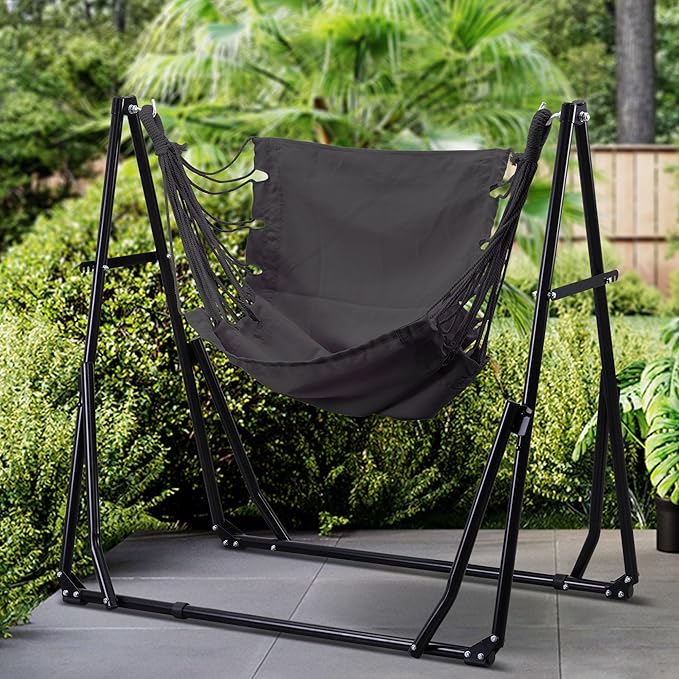 Ainfox Hammock with Foldable Stand, 2 in 1 Hammock and Swinging Chair with Carrying Bag, Portable Camping Chair Suitable for Outside, Swing,Patio,Garden,Camping Trip Grey