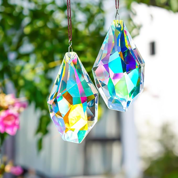 2 Pcs 3.5 Inch AB Crystal Prism Suncatcher Window Decor | AB Colored Crystal Prism Suncatcher Rainbow Maker Hanging Pendants Set of 2 for Window Garden Home Office Wedding Decor Gift