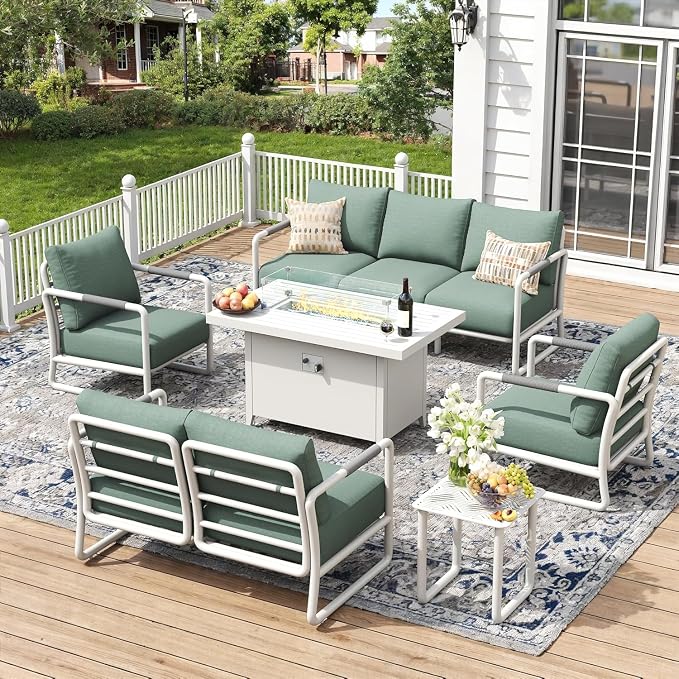 7-Seat Aluminum Patio Conversation Set, Modern Outdoor Sofa with Oversized Fire Pit Table (Glass Wind Guard), 6.5" Thick Cushions, All-Weather for Balcony, Garden (White)