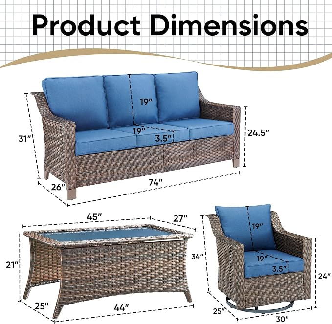 Outdoor Patio Furniture Set-All-Weather Rattan Wicker Couch with Outdoor Swivel Chair Patio Conversation Sets for Porch Garden Backyard Poolside-Brown/Blue