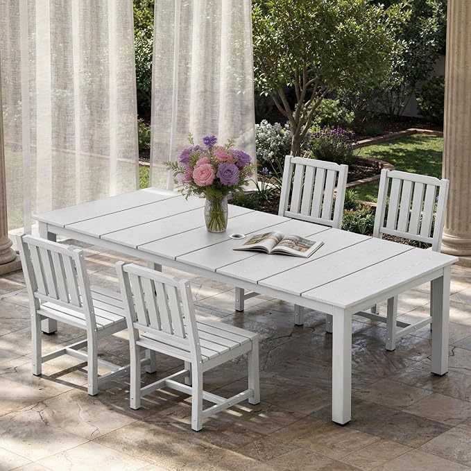 AreShark 7-Piece Outdoor Dining Set,HDPE Patio Table with 6 Armless Chairs,All-Weather Patio Furniture Set with Umbrella Hole,Low Maintenance Wood Grain Dining Set for Backyard,Garden,Poolside,Black