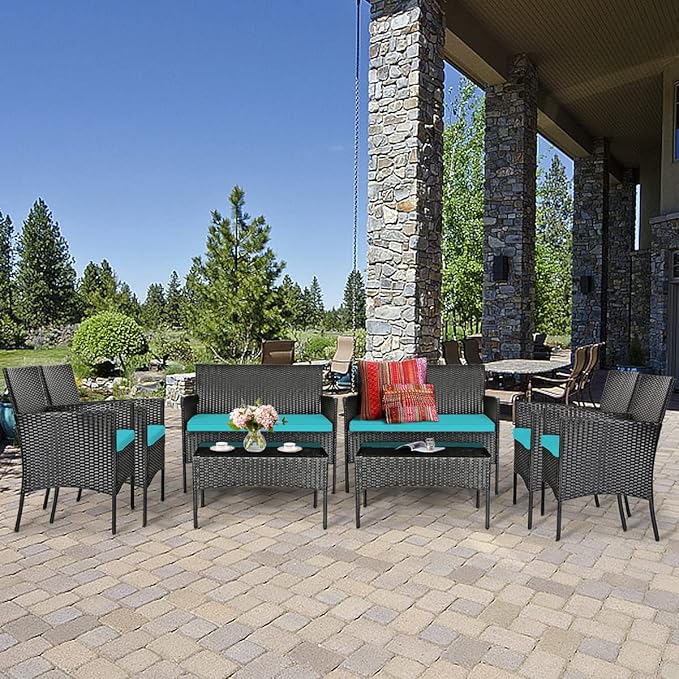 HAPPYGRILL 8-Piece Patio Furniture Set Rattan Wicker Conversation Set with Tempered Glass Top Table, Outdoor Wicker Sofa Set with Removable Cushions for Poolside Garden Backyard